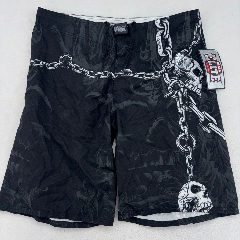 MMA Elite Mens Board Shorts Black Skull Chain Graphic UFC Official Partner Large